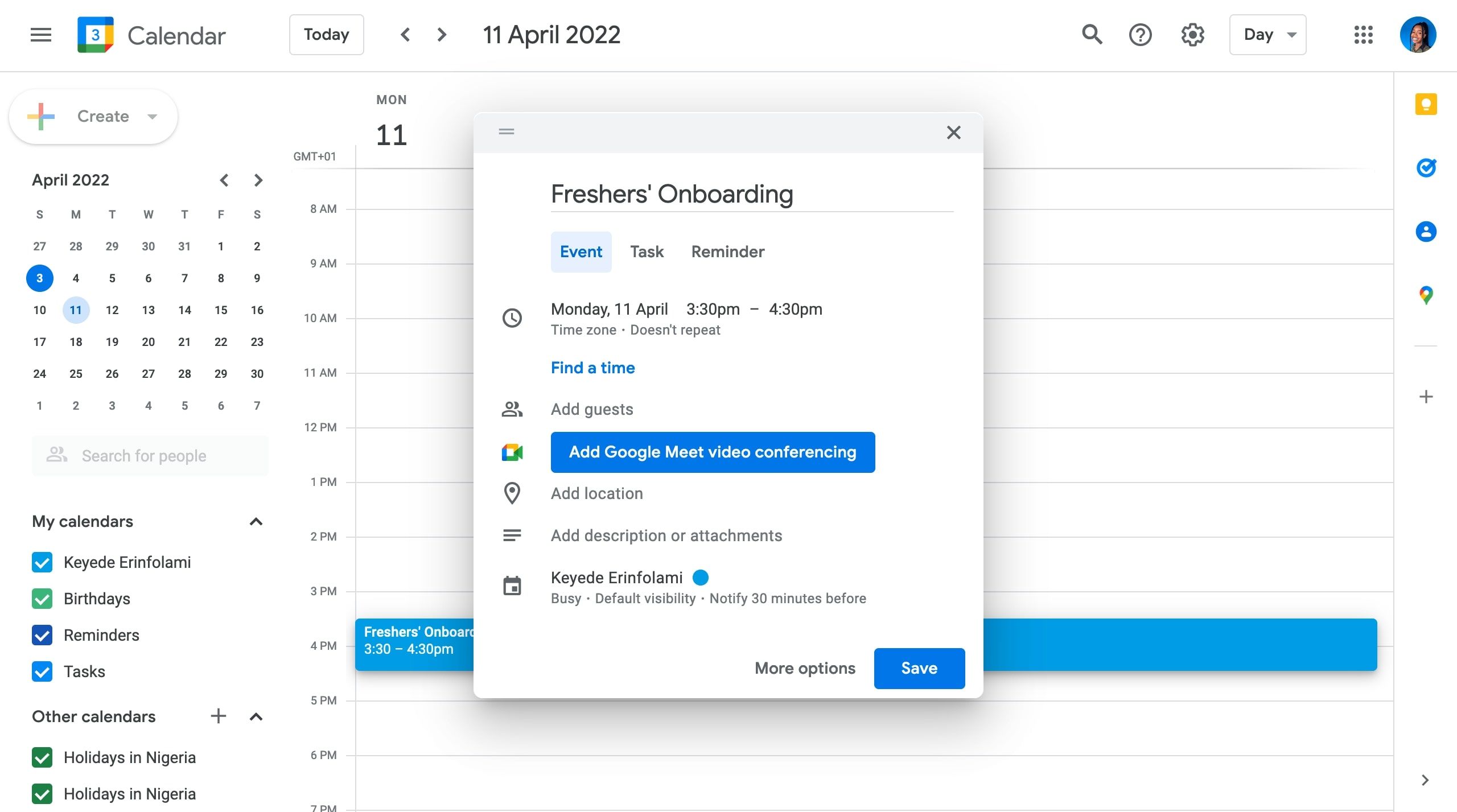 Google Calendar event creation tab