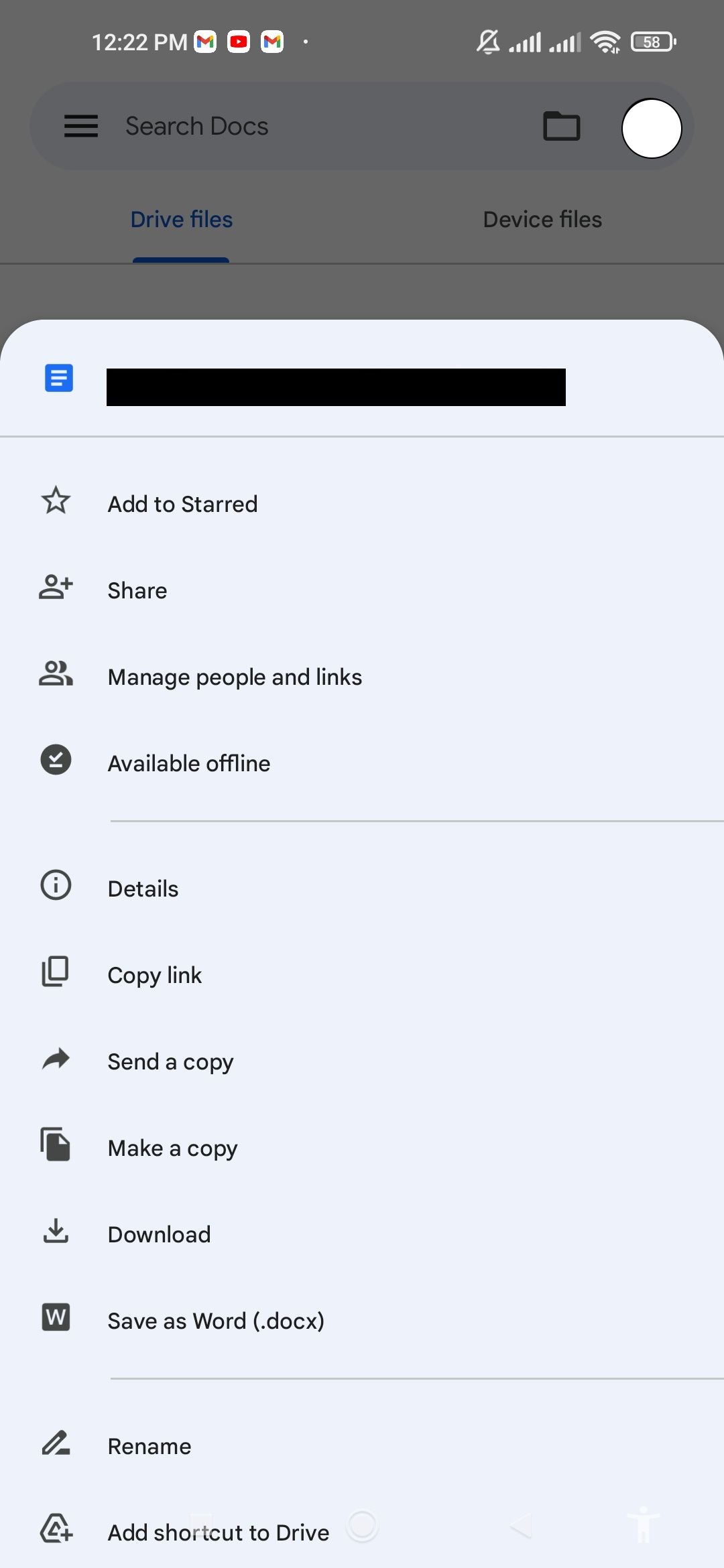 Google Docs menu on mobile app
