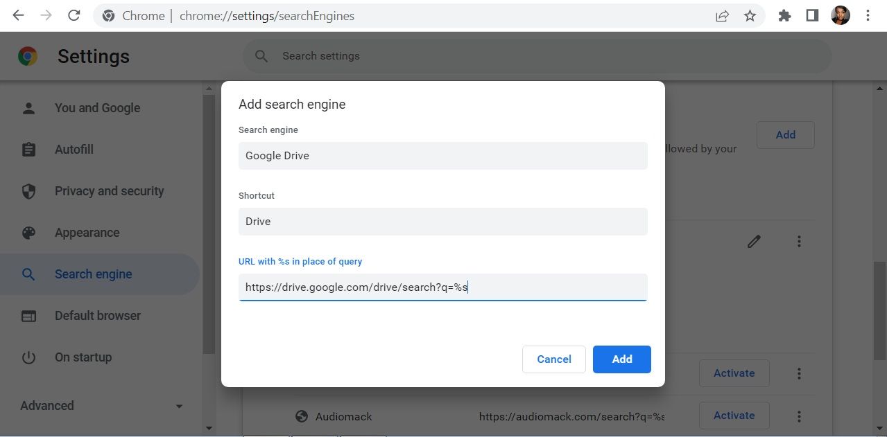 Creating a custom search engine in Chrome.