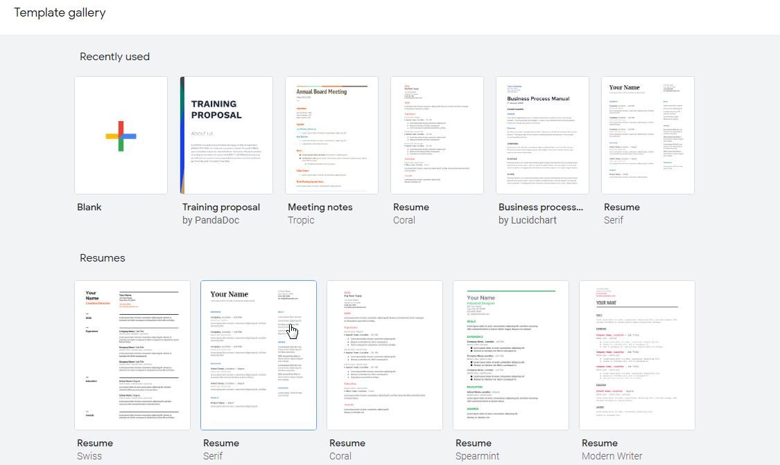 Screenshot of Google docs templates