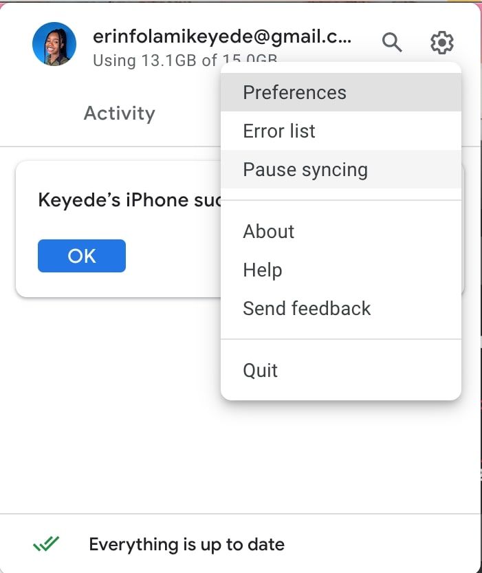 Google drive on Mac with preferences highlighted in Settings