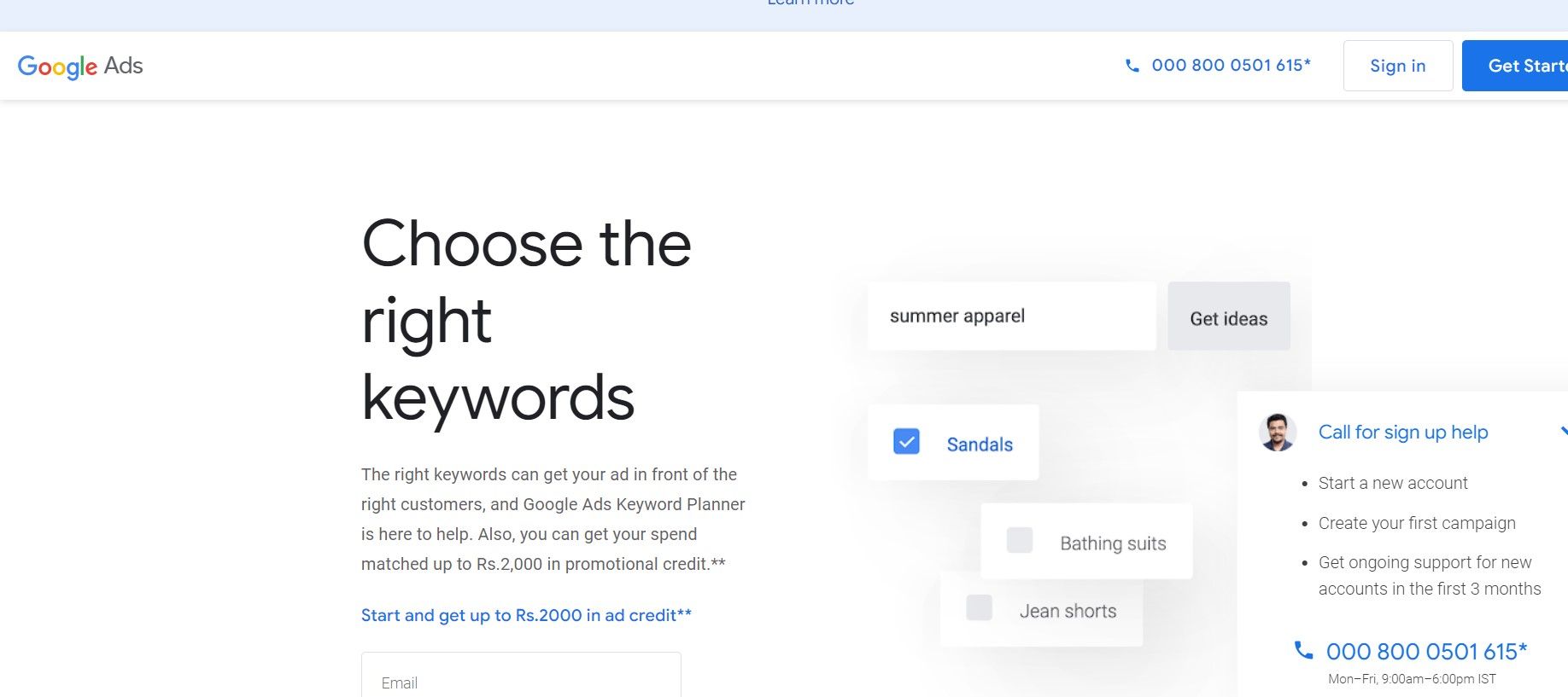 Google keyword planner homepage