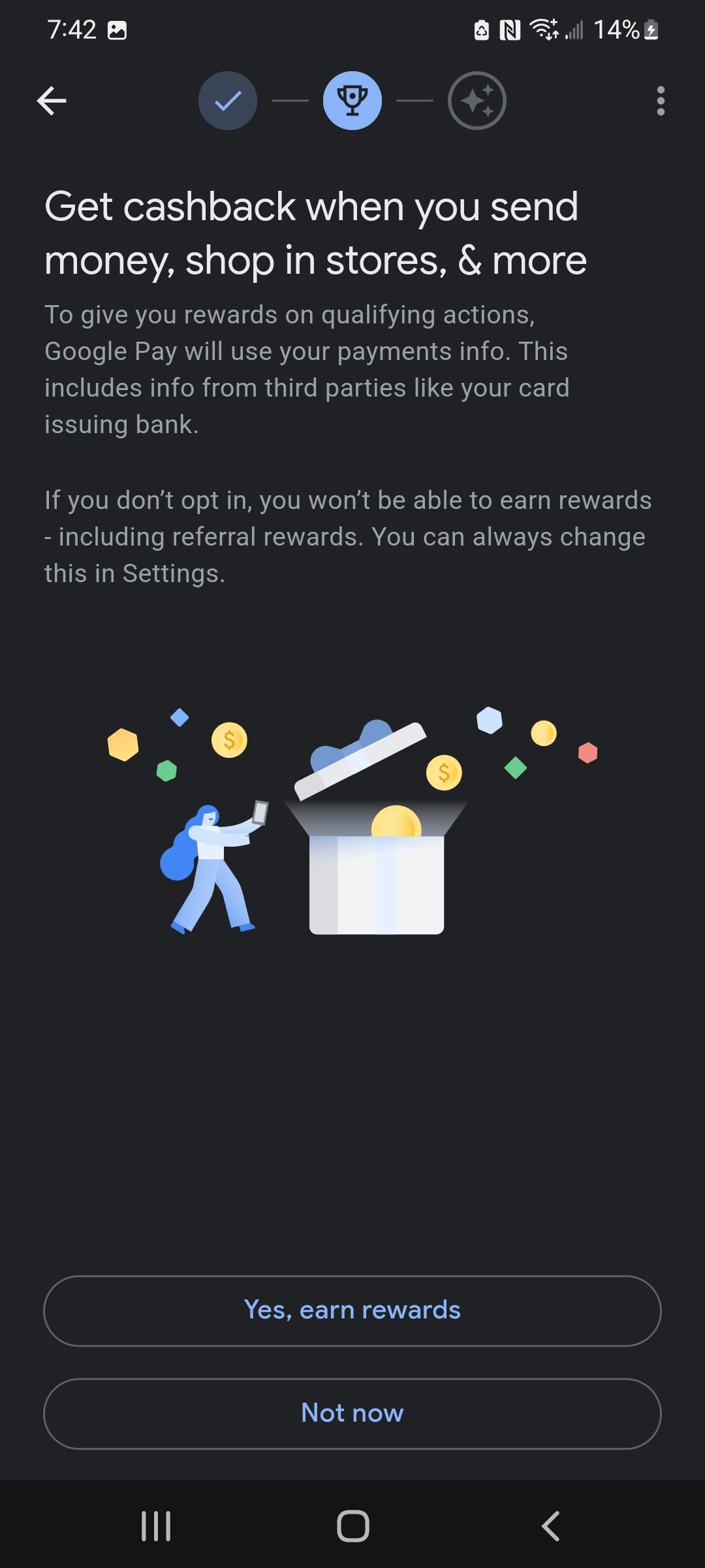 Google Pay request to set-up cashback rewards.