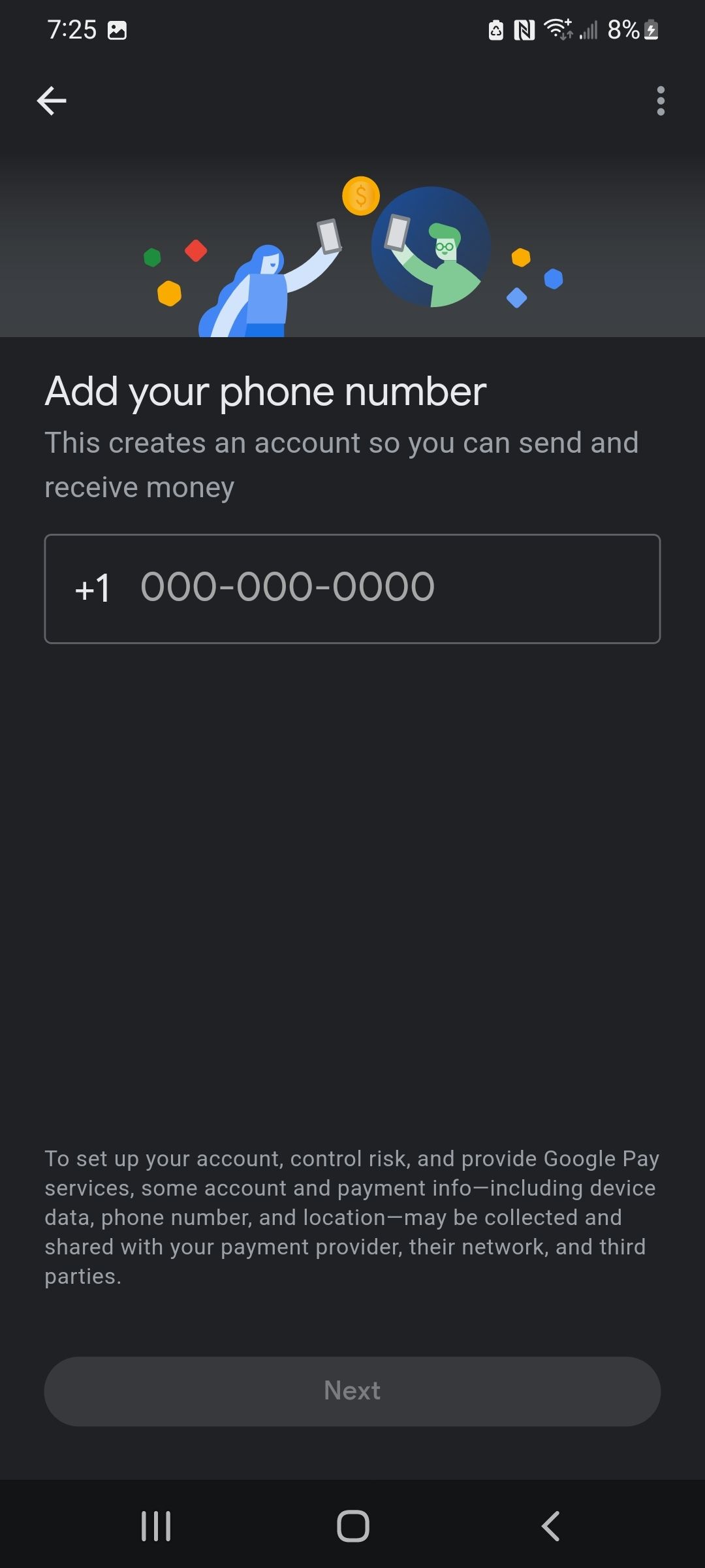 Entering your phone number during Google Pay set-up.