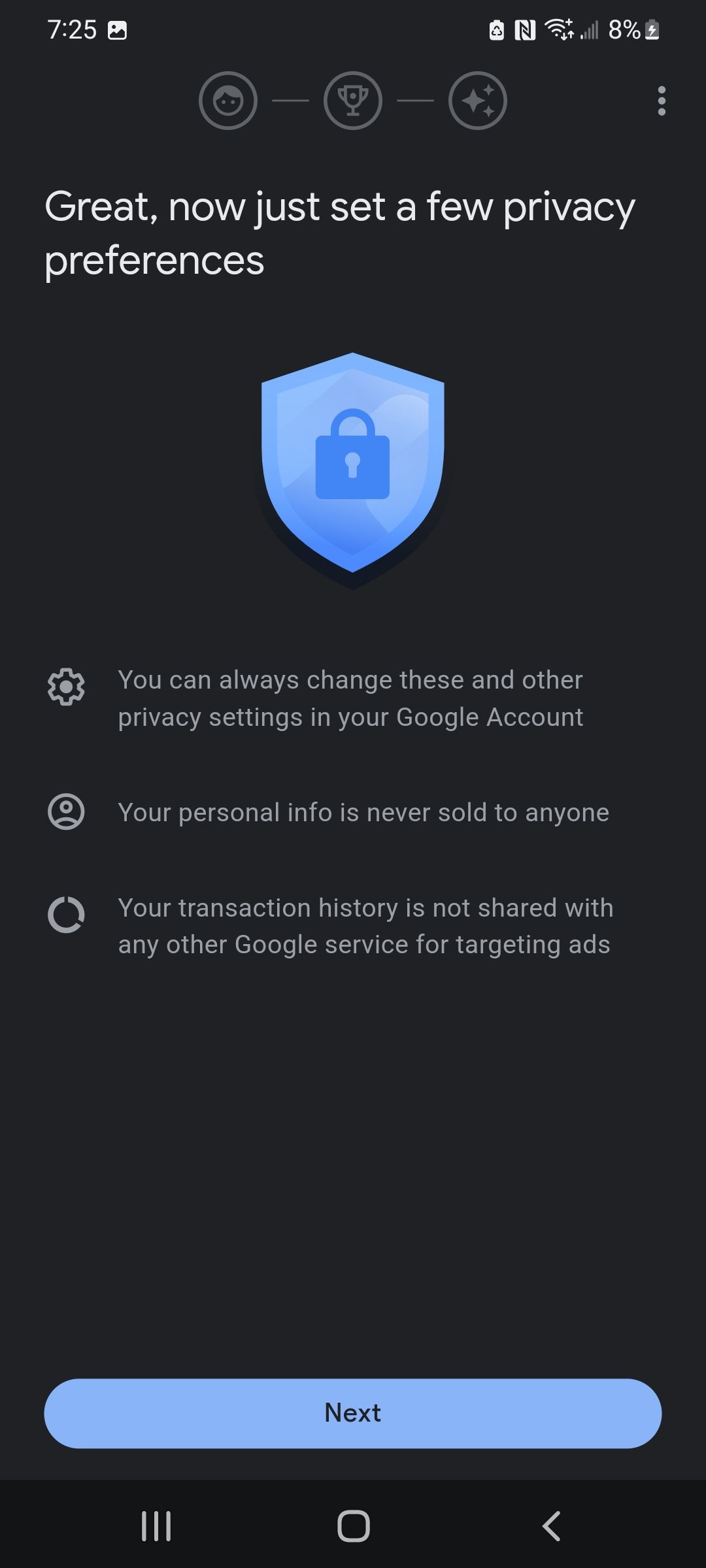 Accepting Google Pay Privacy Preferences during set-up.