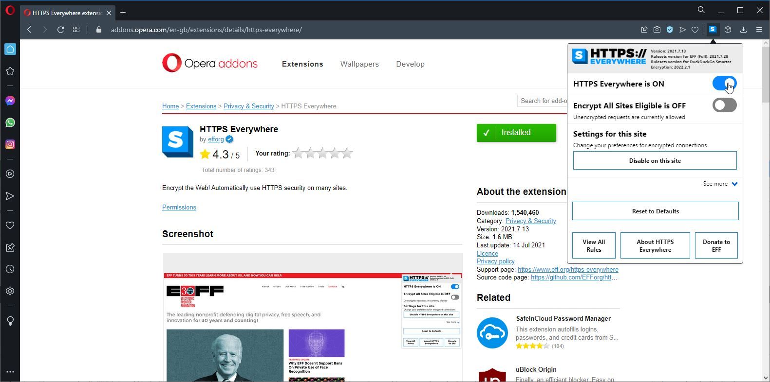 A Screenshot of the HTTPS Everywhere Add-On in Use