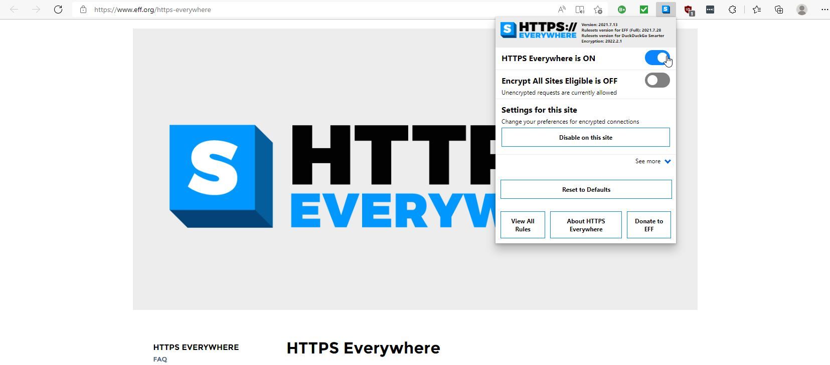 A Screenshot of HTTPS Everywhere in Use