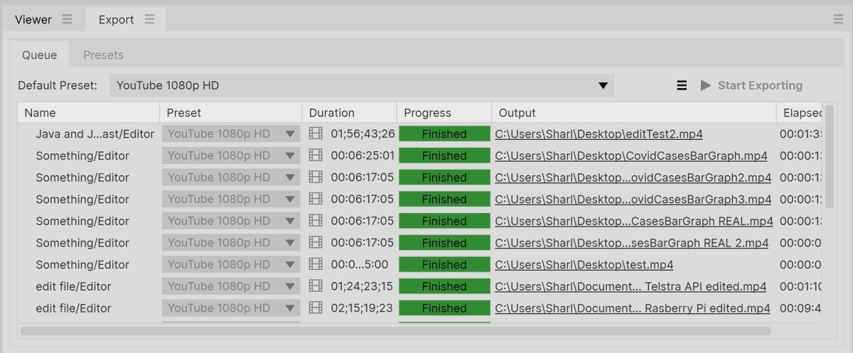 Close up of the export panel for HitFilm Express