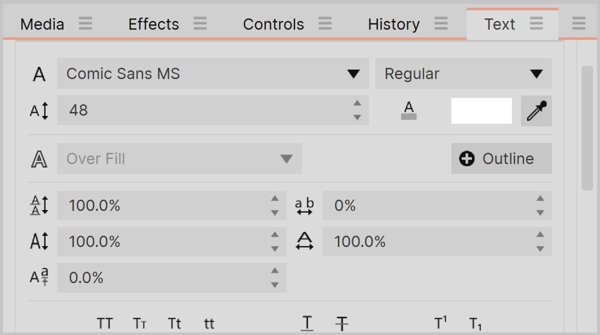 Hitfilms text tab with text options such as font size