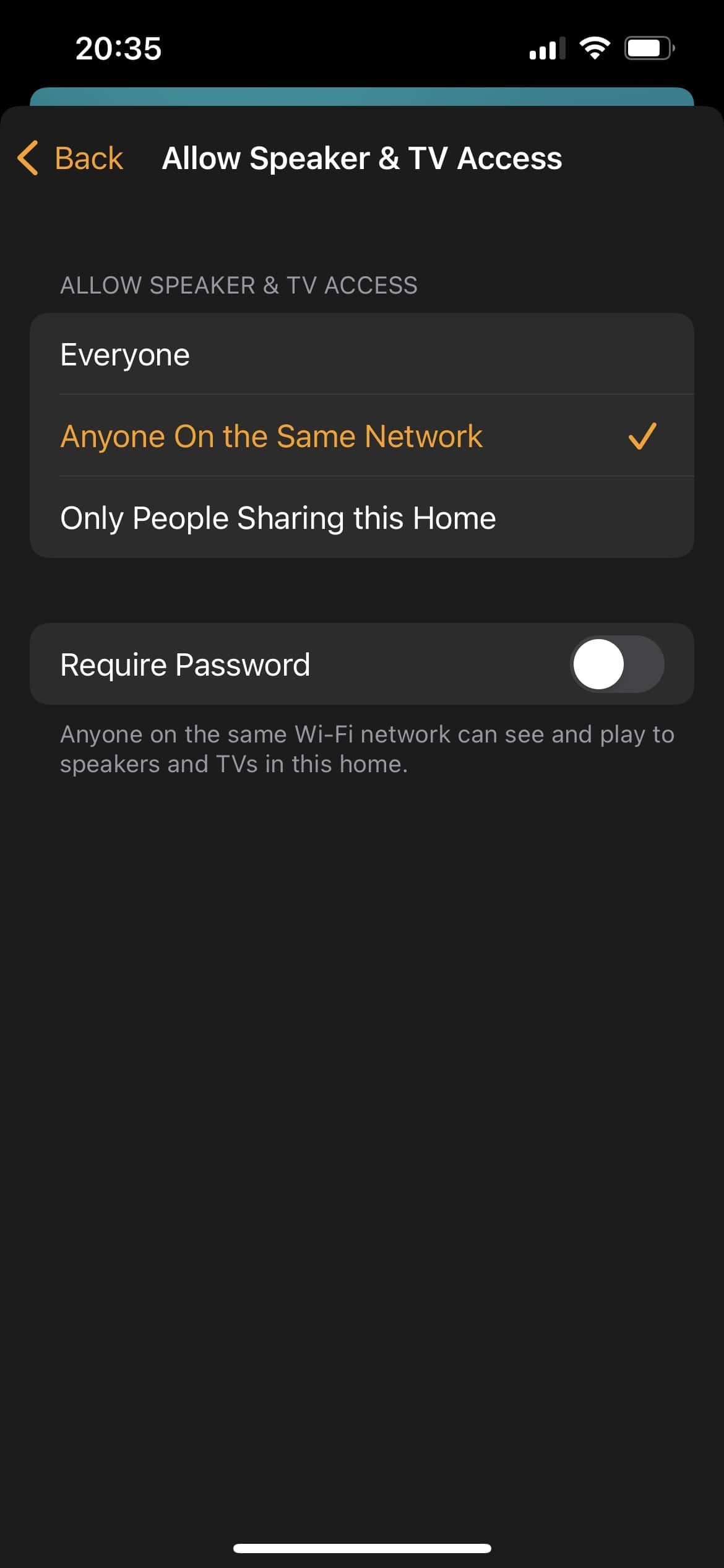 HomePod mini Allow Speaker & TV Access menu