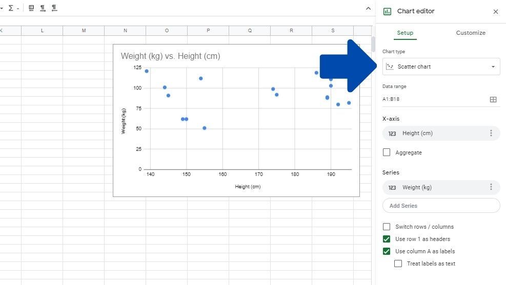 Selecting the scatter plot in the chart editor menu