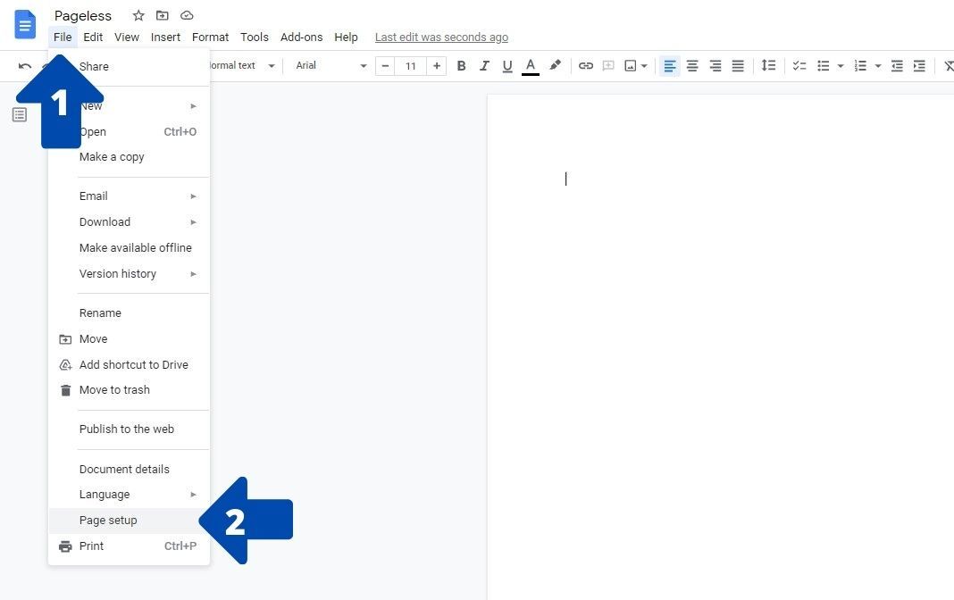 A screenshot showing how to navigate to page setup in Google Docs