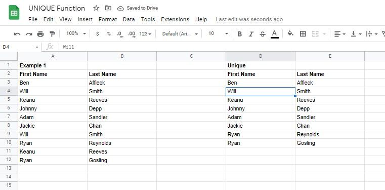 Using the UNIQUE function with two columns