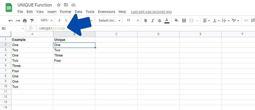 A basic example of hot to use UNIQUE in Google Sheets