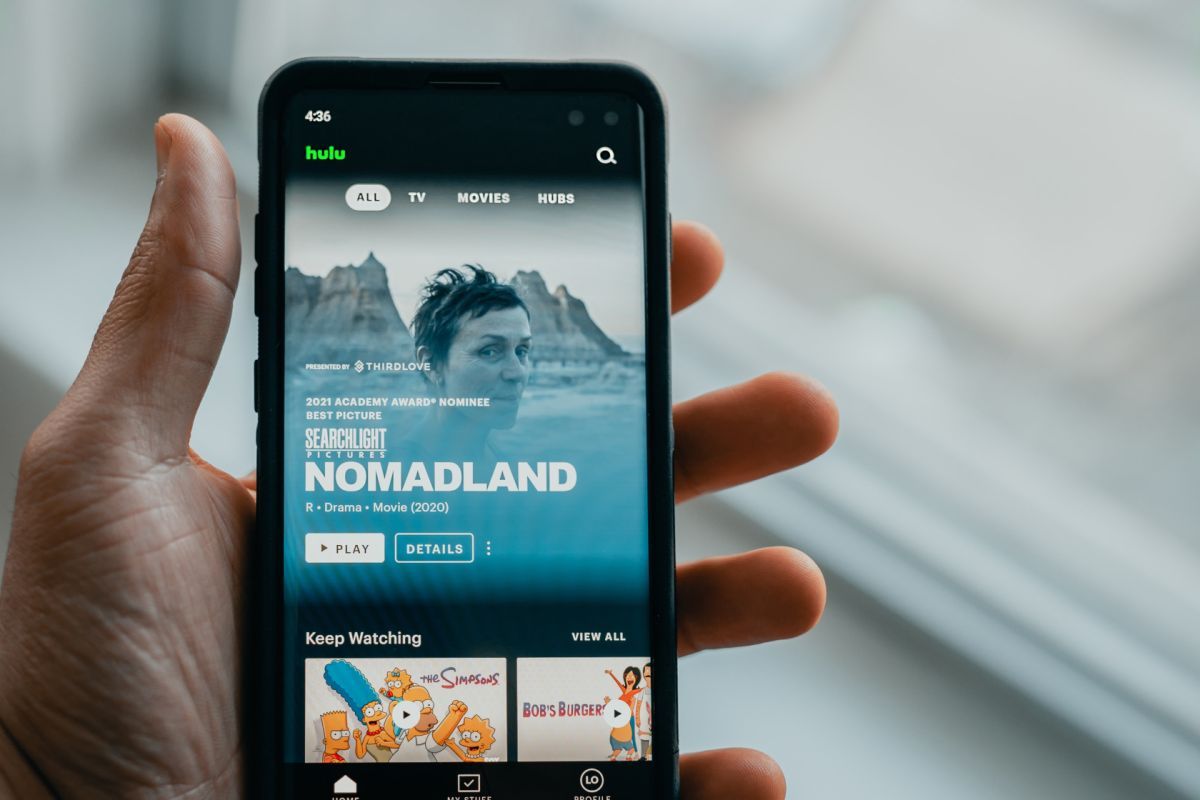 Hulu app on smartphone showing nomadland movie