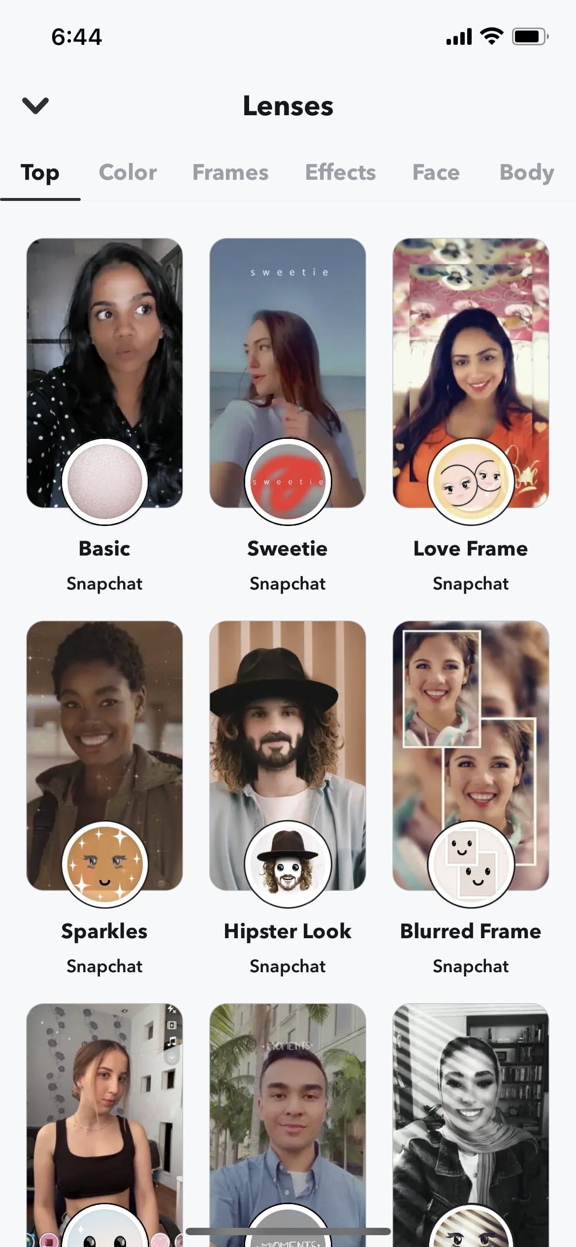 A screenshot of Snapchat lenses option
