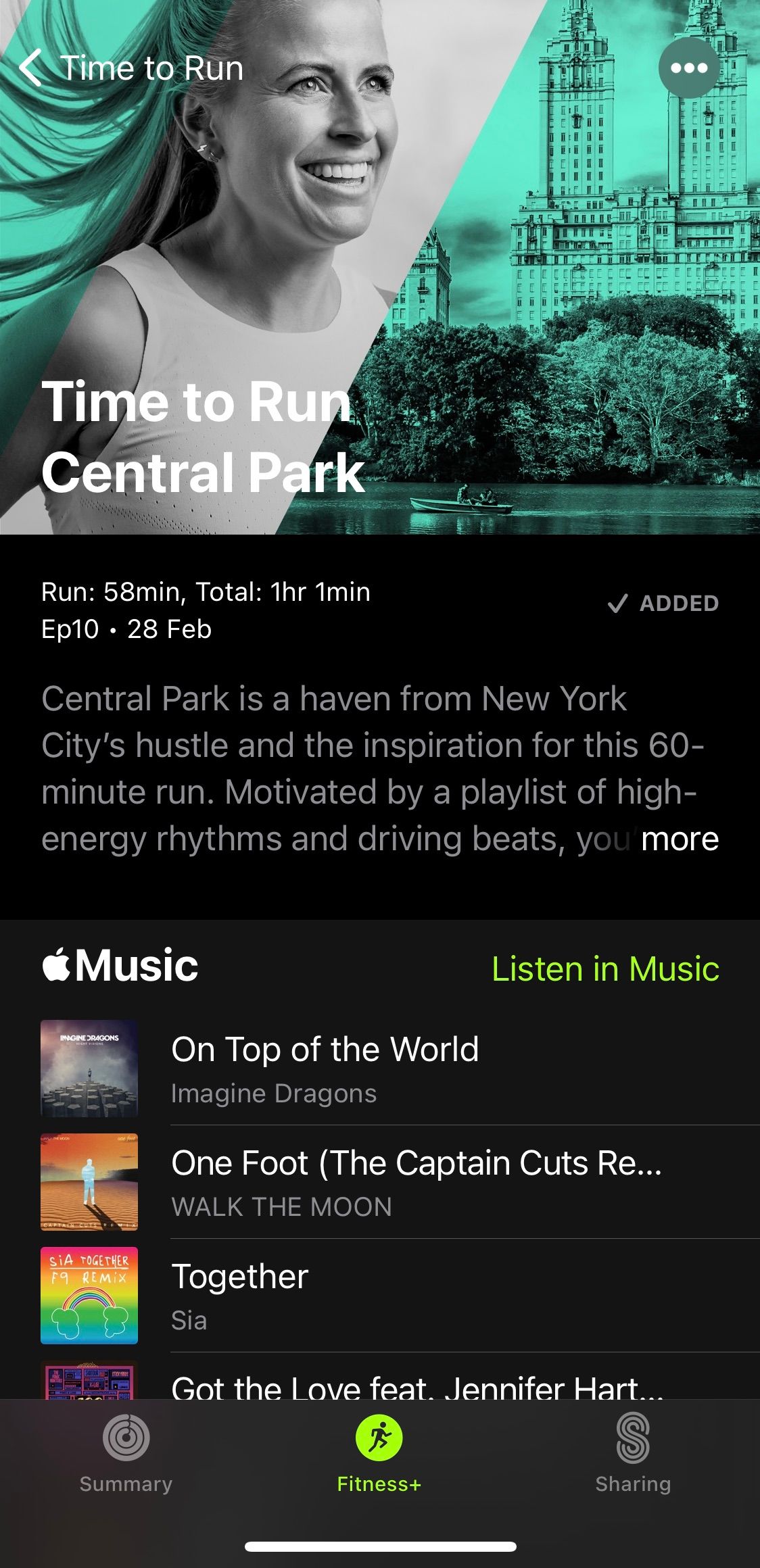 Screenshot from Apple Fitness+ app showing the cover screen for the Time to Run Central Park workout