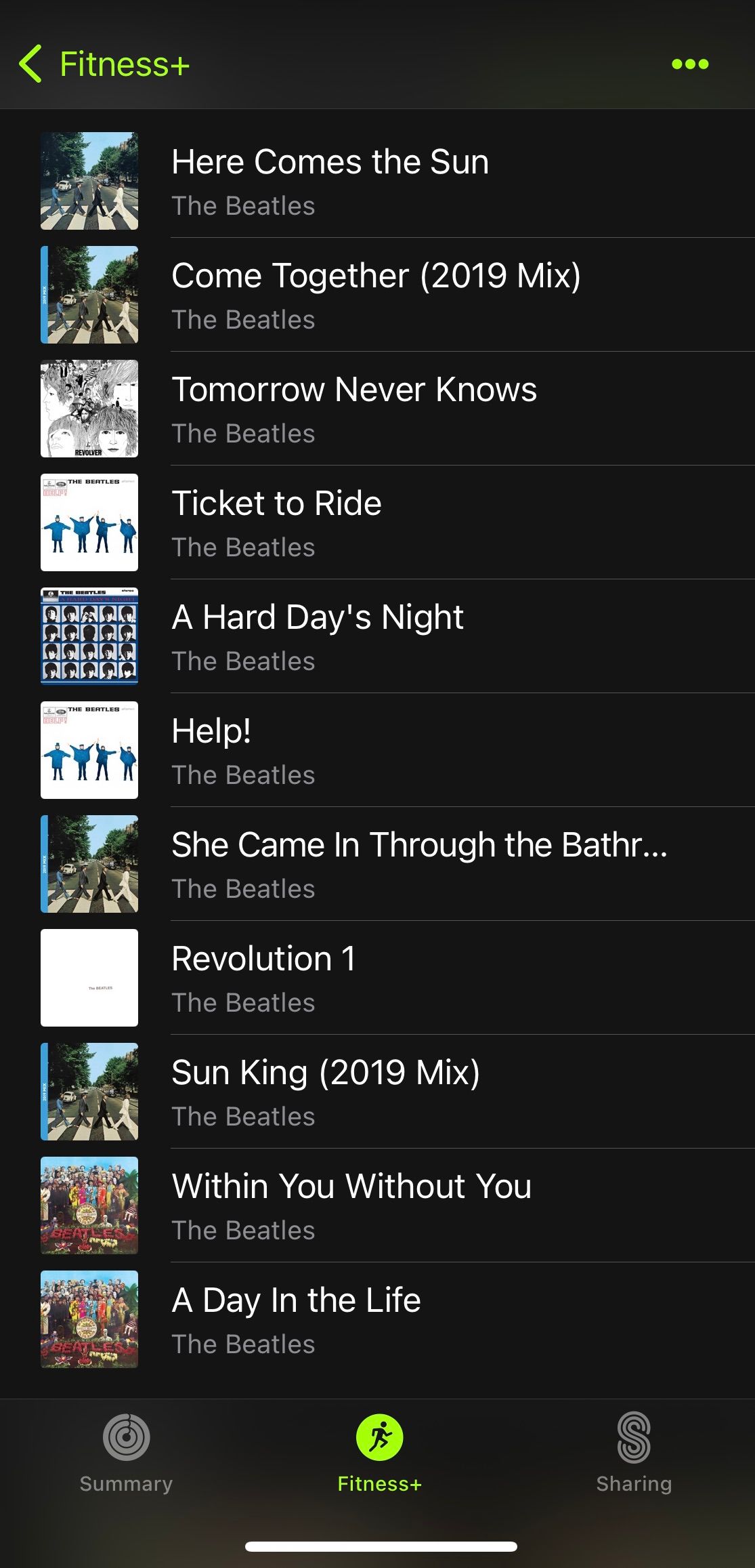 Yoga with the Beatles playlist screenshot from Apple Fitness+ app