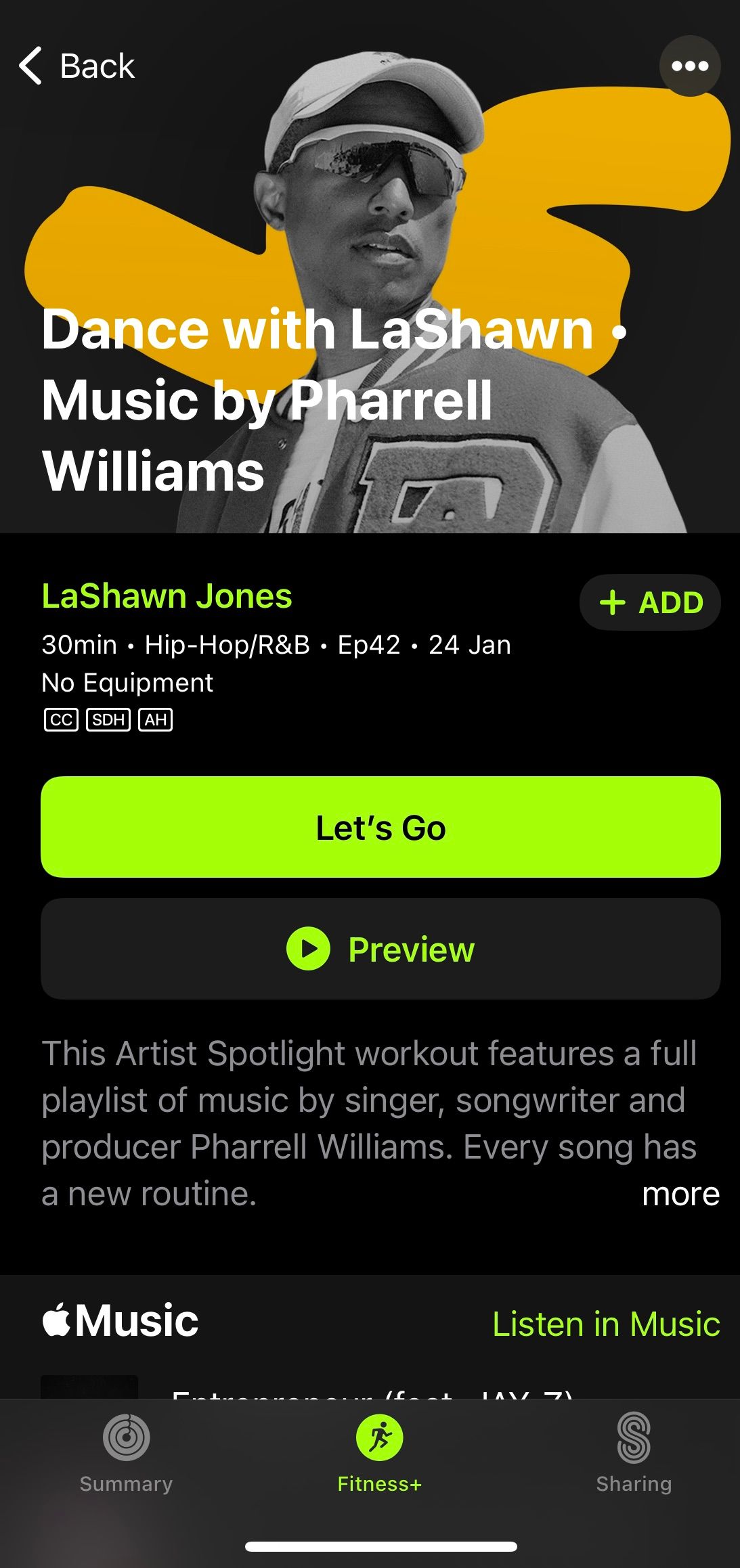 Screenshot from Apple Fitness+ app showing a dance workout with Pharrell Williams