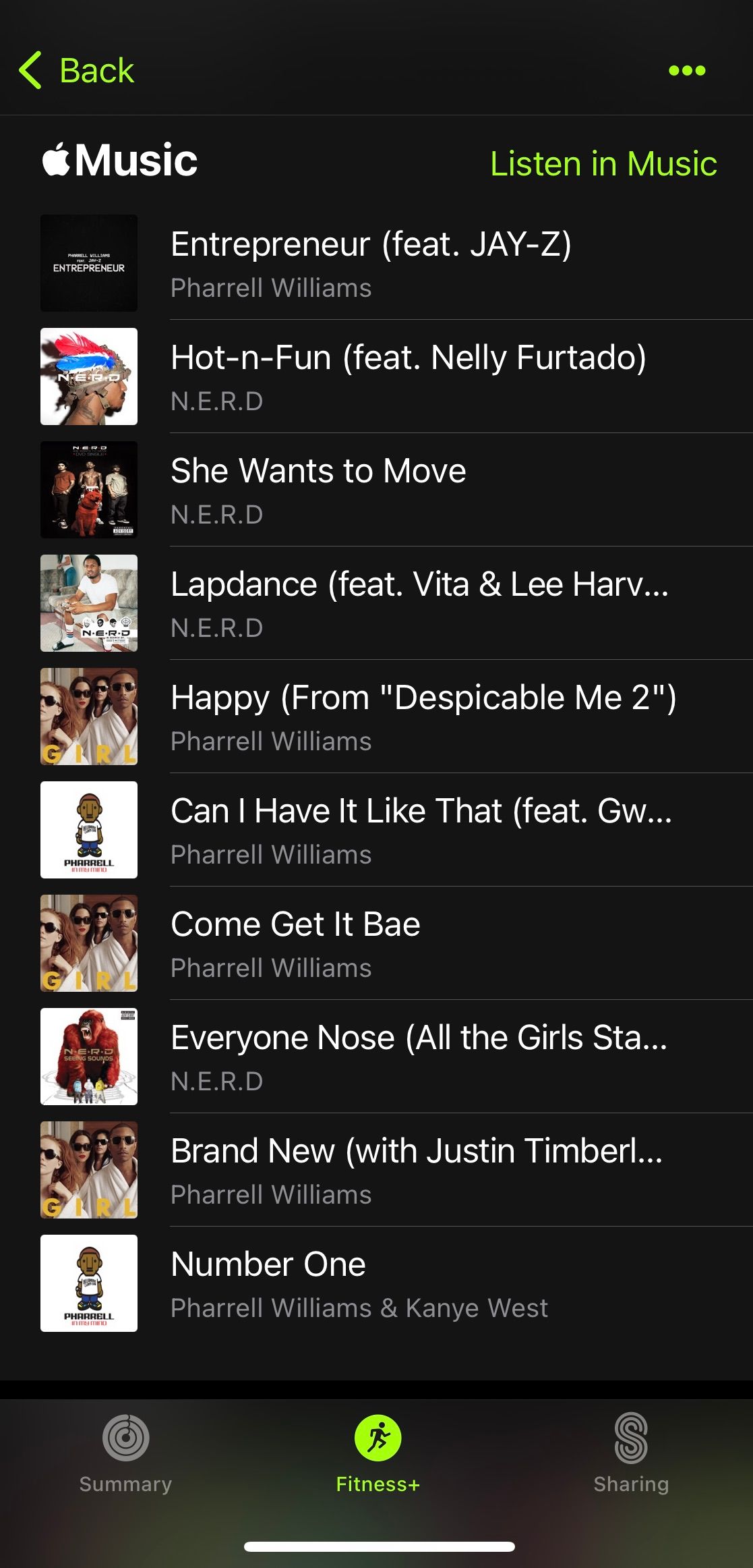 Screenshot from Apple Fitness+ app showing the playlist for dance workout with Pharrell Williams