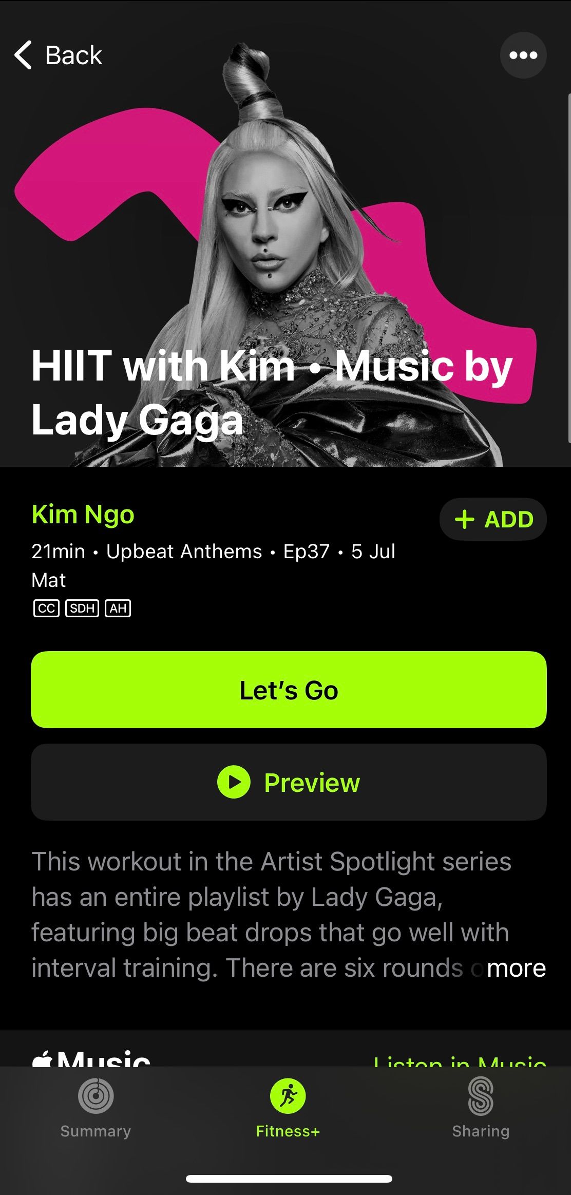 Screenshot from Apple Fitness+ app showing a HIIT workout with Lady Gaga