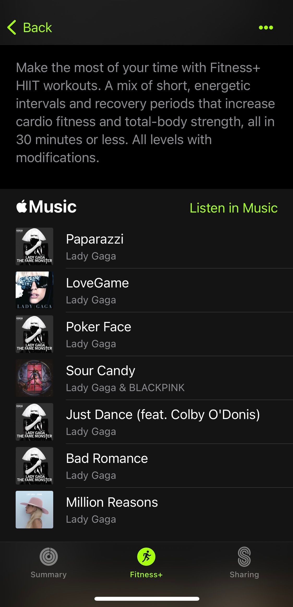 Screenshot from Apple Fitness+ app showing a HIIT playlist featuring Lady Gaga