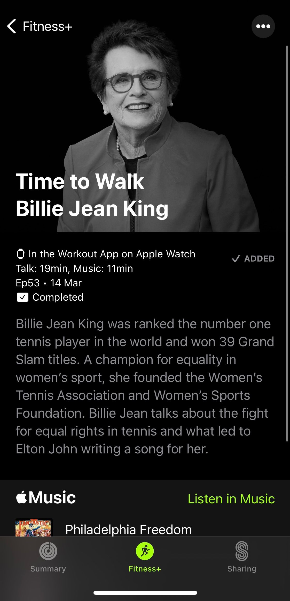 Screenshot from Apple Fitness+ app showing title screen of a Time To Walk workout with Billie Jean King