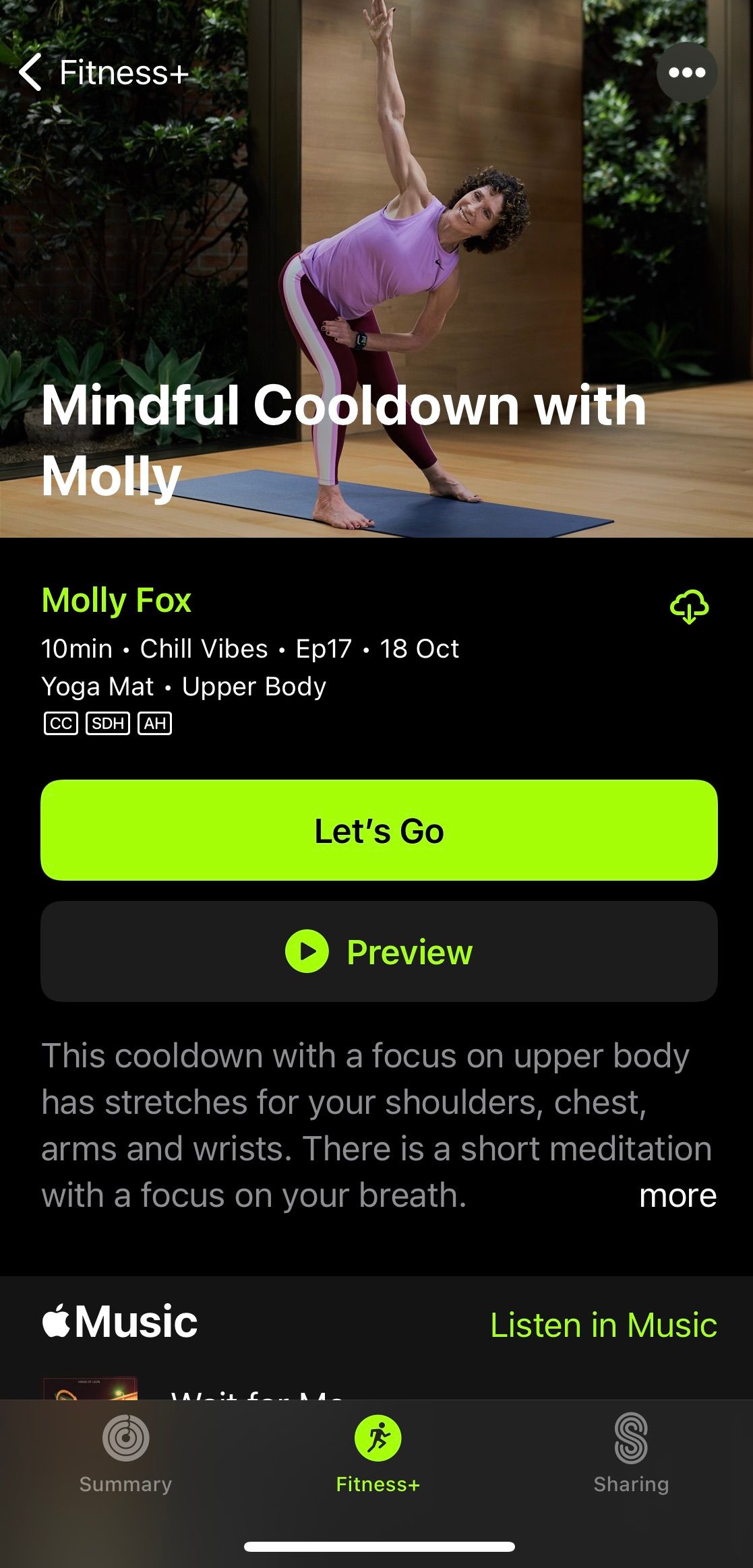 Screenshot from Apple Fitness+ app showing a mindful cooldown workout