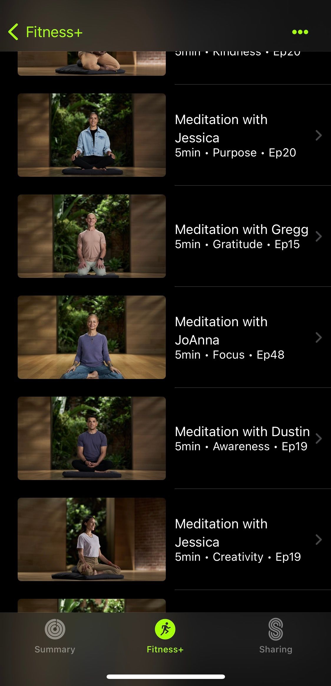 Screenshot from Apple Fitness+ app showing a range of meditations available
