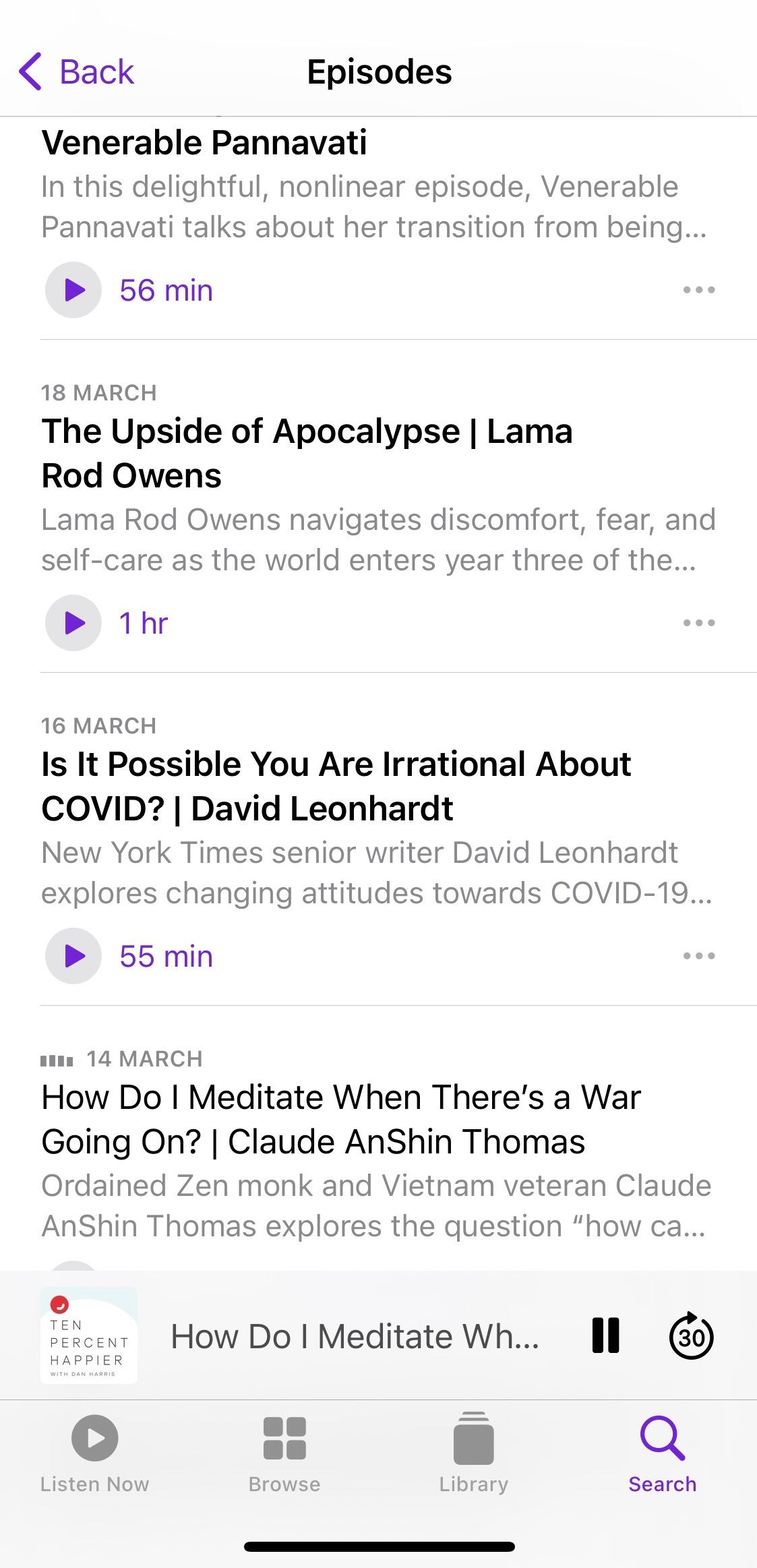 Screenshot showing sample episodes of Ten Percent Happier podcast