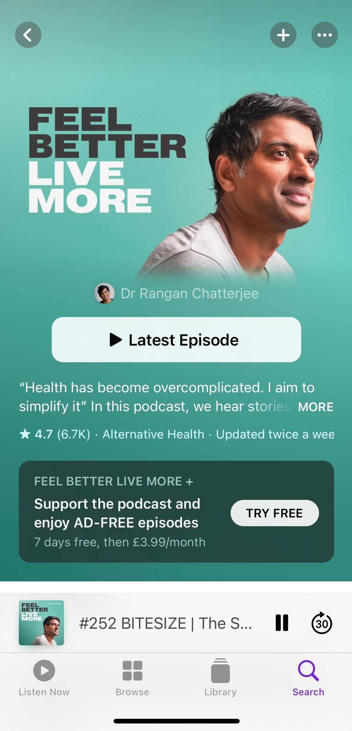 Screenshot showing title screen of Feel Better Live More podcast