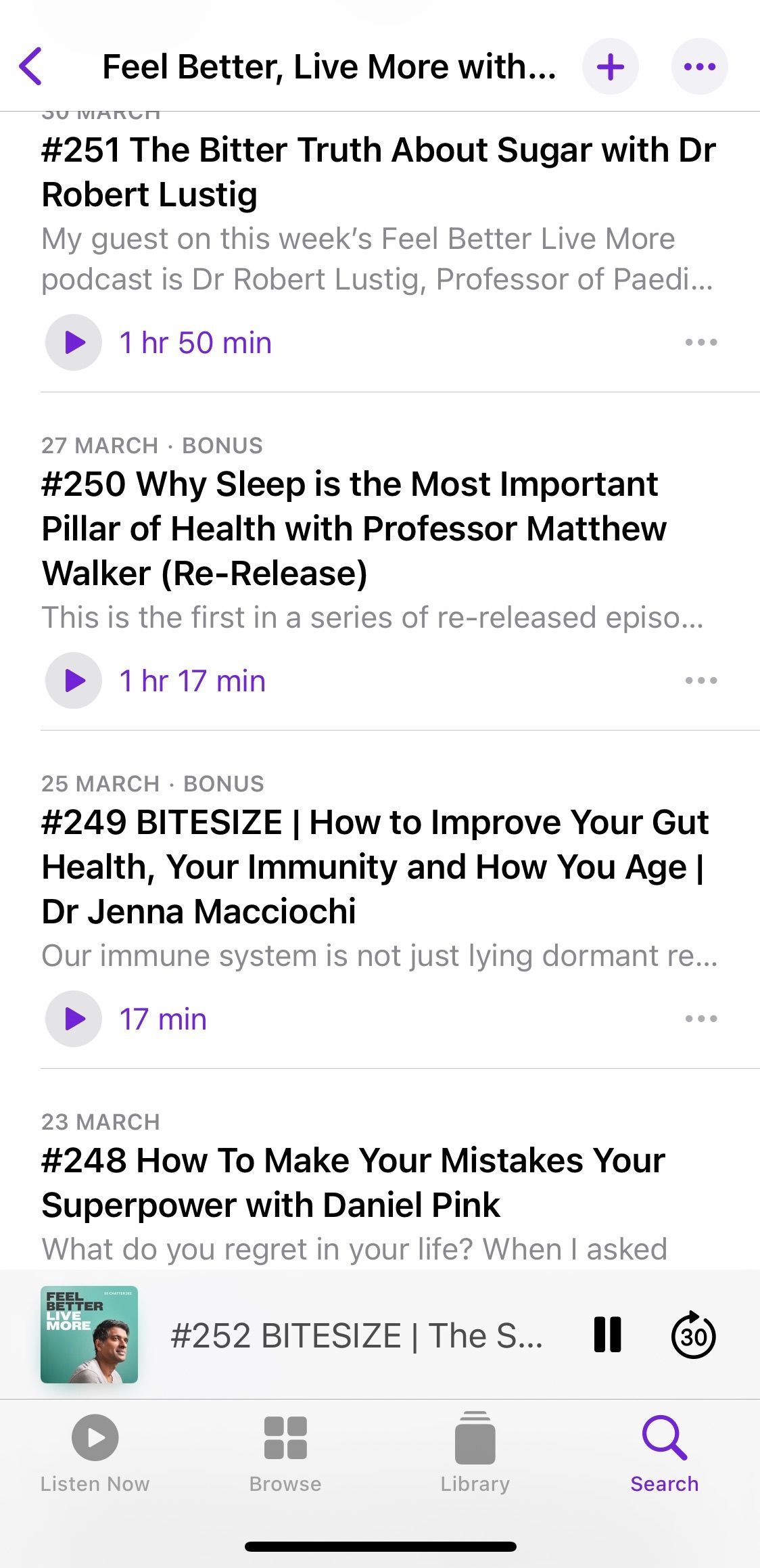 Screenshot showing sample episodes of podcast Feel Better Live More