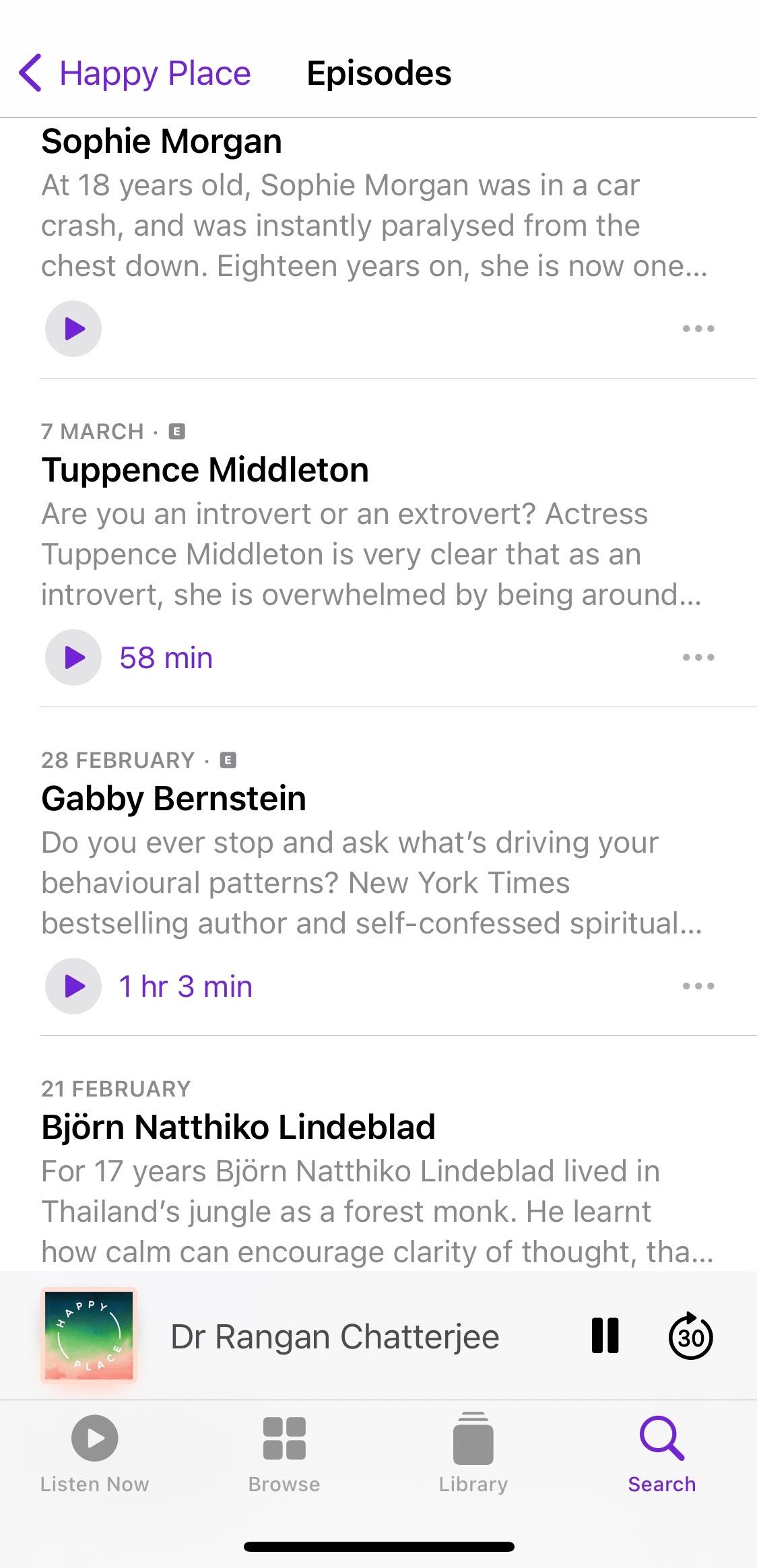 Screenshot showing sample episodes of podcast Feel Better Live More