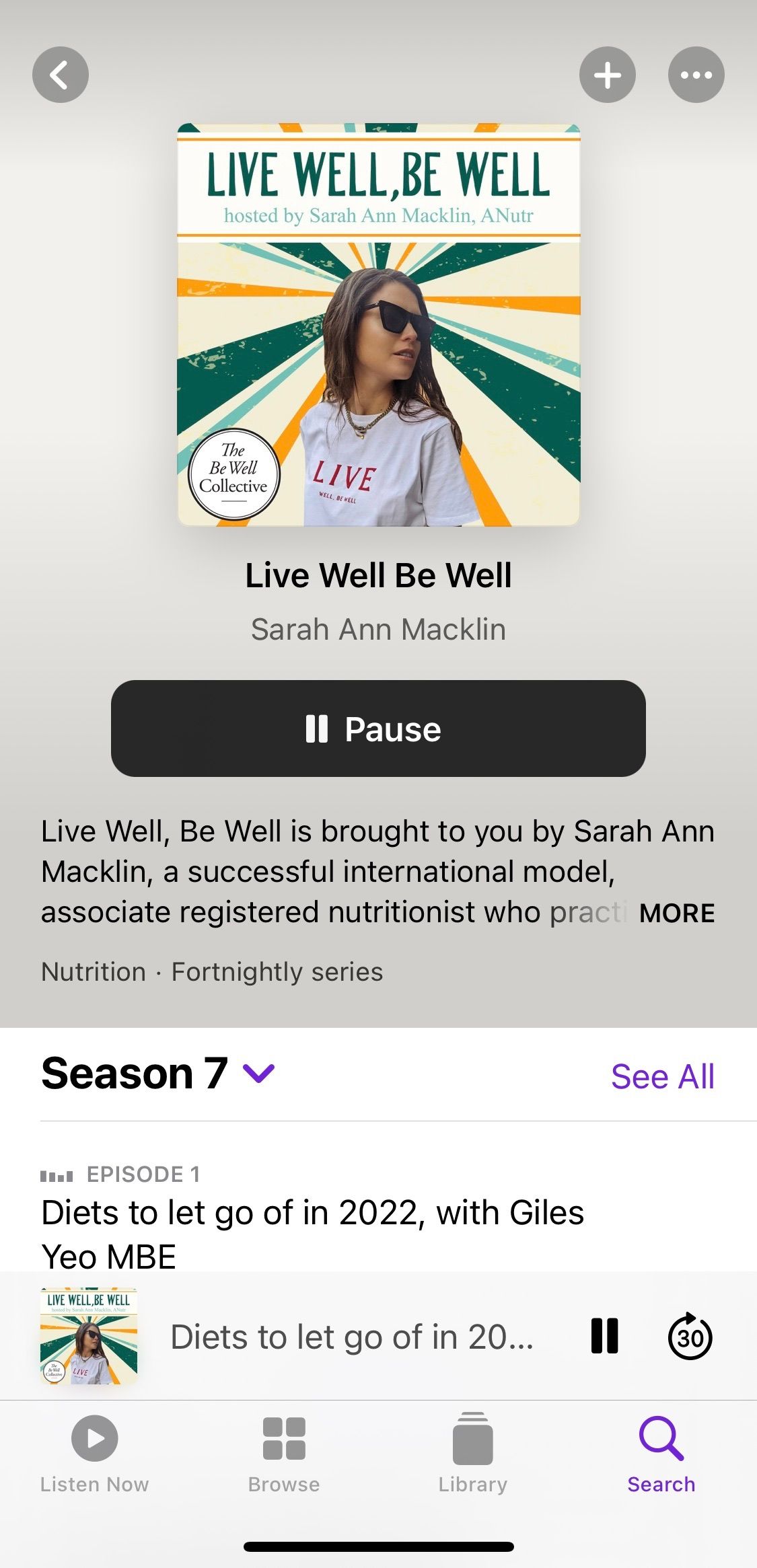 Screenshot showing title screen of Live Well Be Well podcast