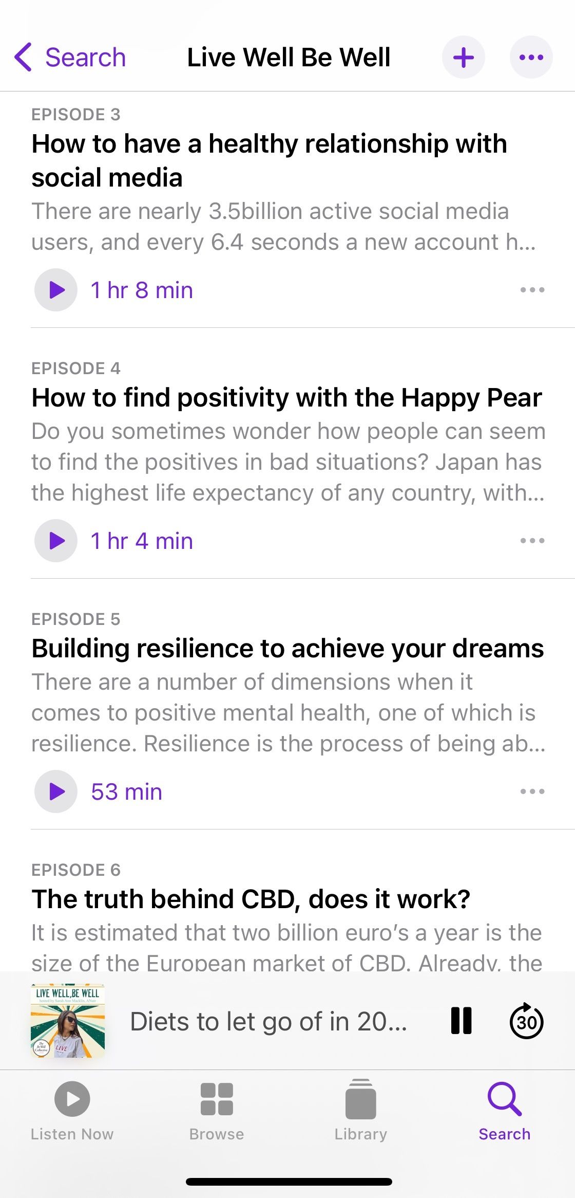 Screenshot showing sample episodes of podcast Live Well Be Well