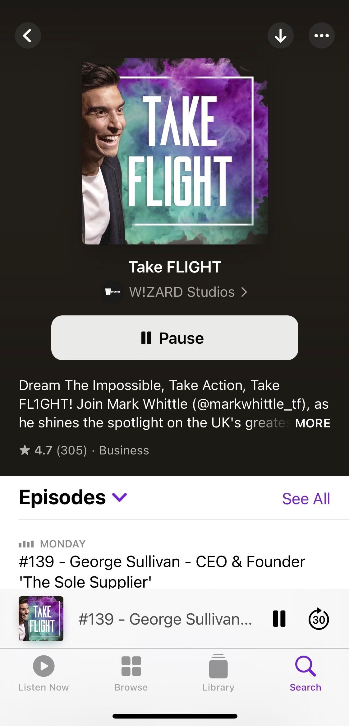 Screenshot showing title screen of Take Flight podcast
