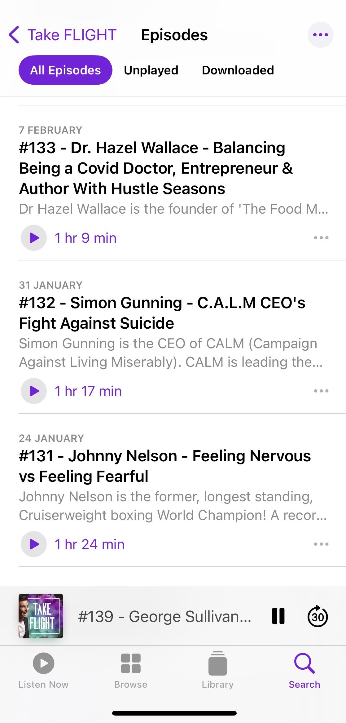 Screenshot showing sample episodes of podcast Take Flight