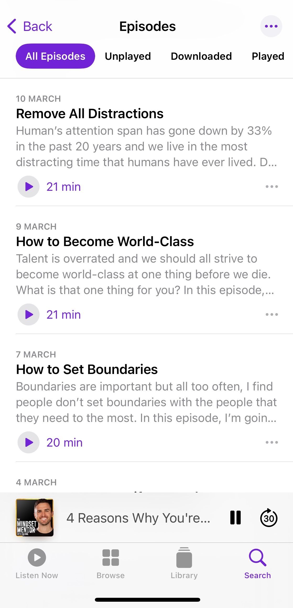 Screenshot showing sample episodes of podcast The Mindset Mentor