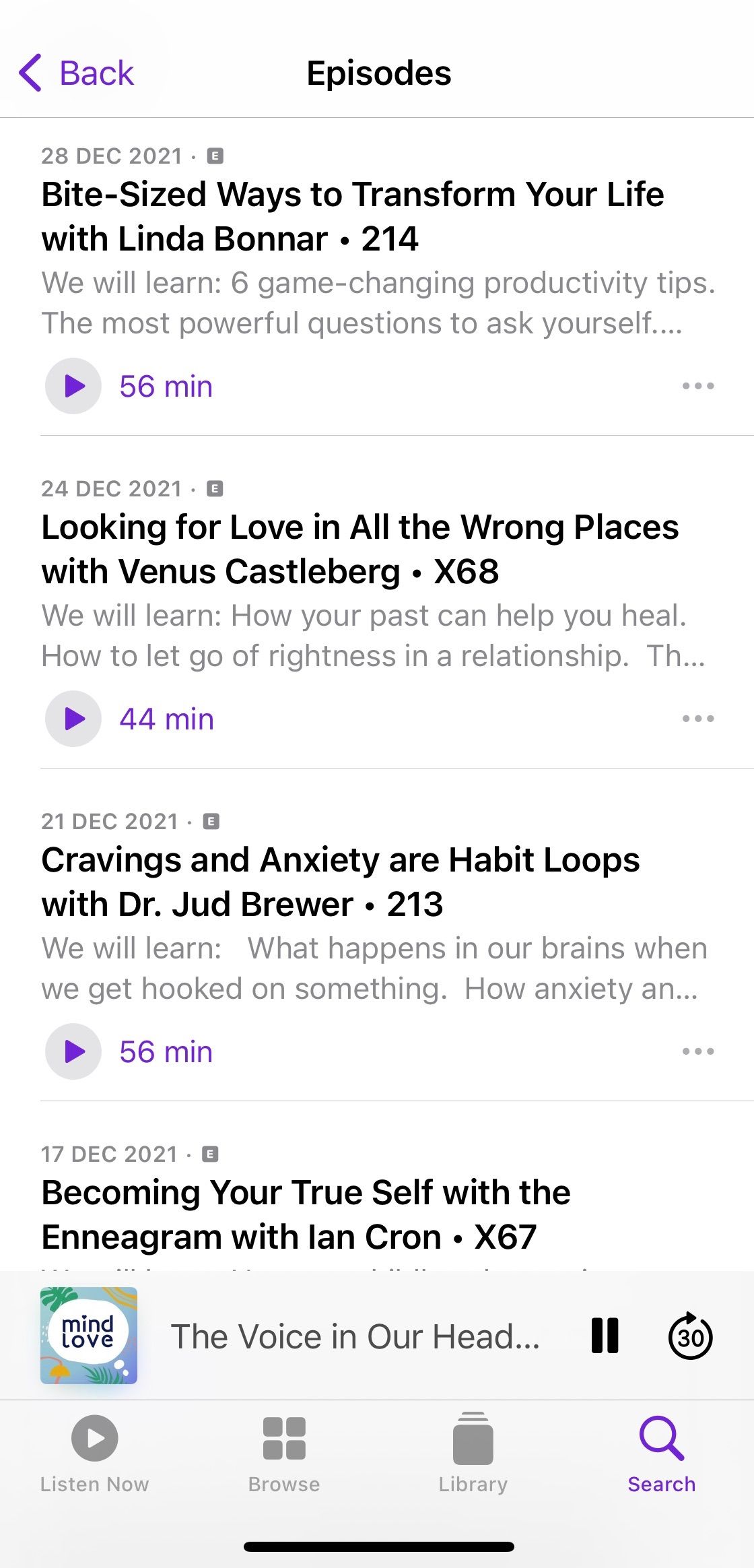 Screenshot showing sample episodes of Mind Love Podcast