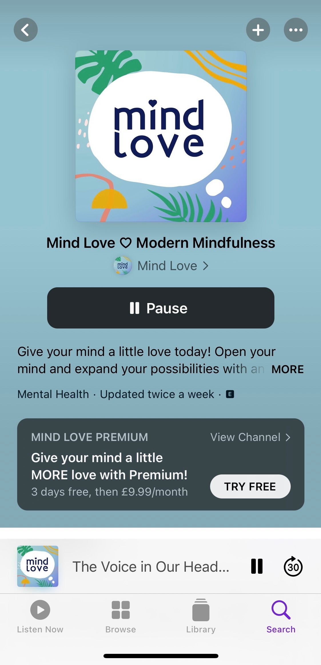 Screenshot showing title screen of Mind Love podcast