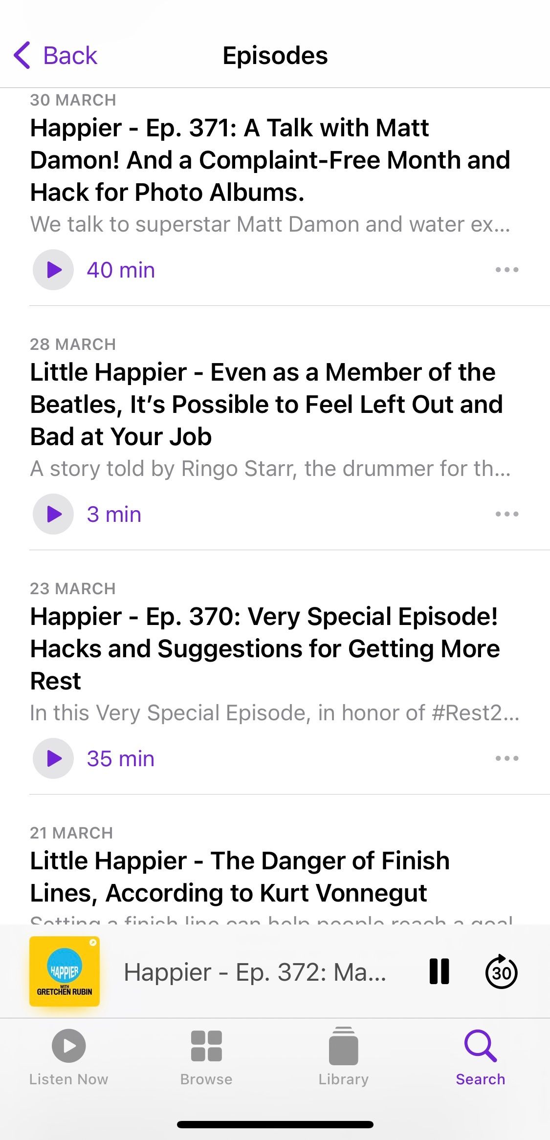 Screenshot showing sample episodes of podcast Happier