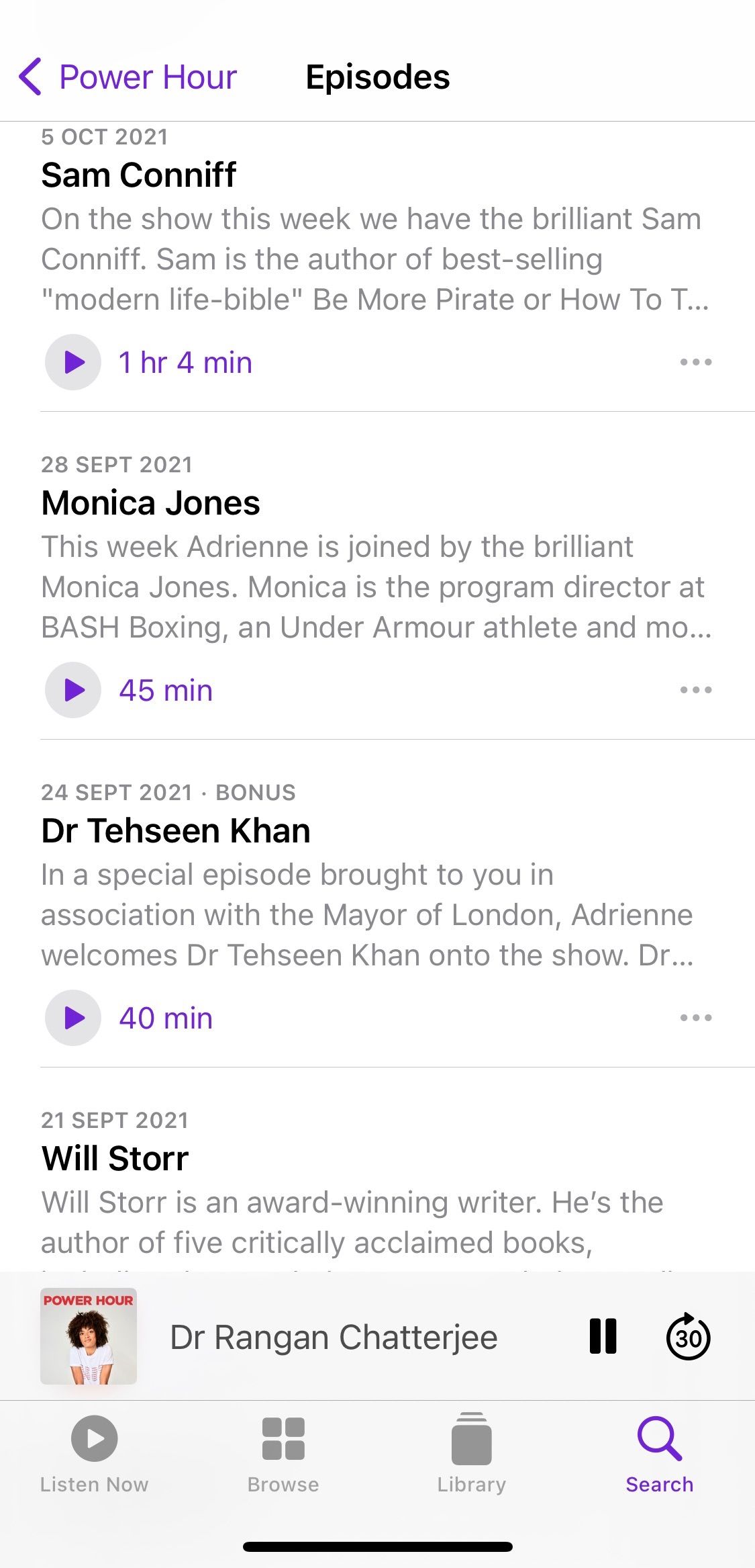 Screenshot showing sample episodes of podcast Power Hour