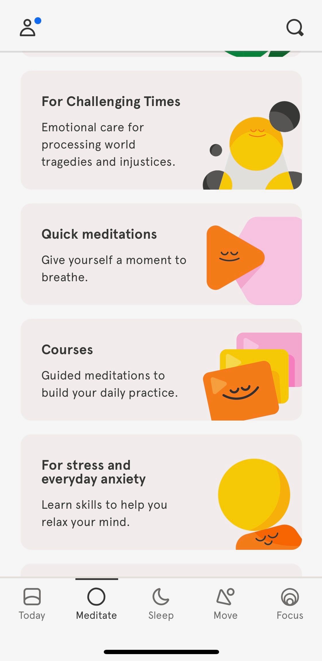 Screenshot showing sample exercises from Headspace app