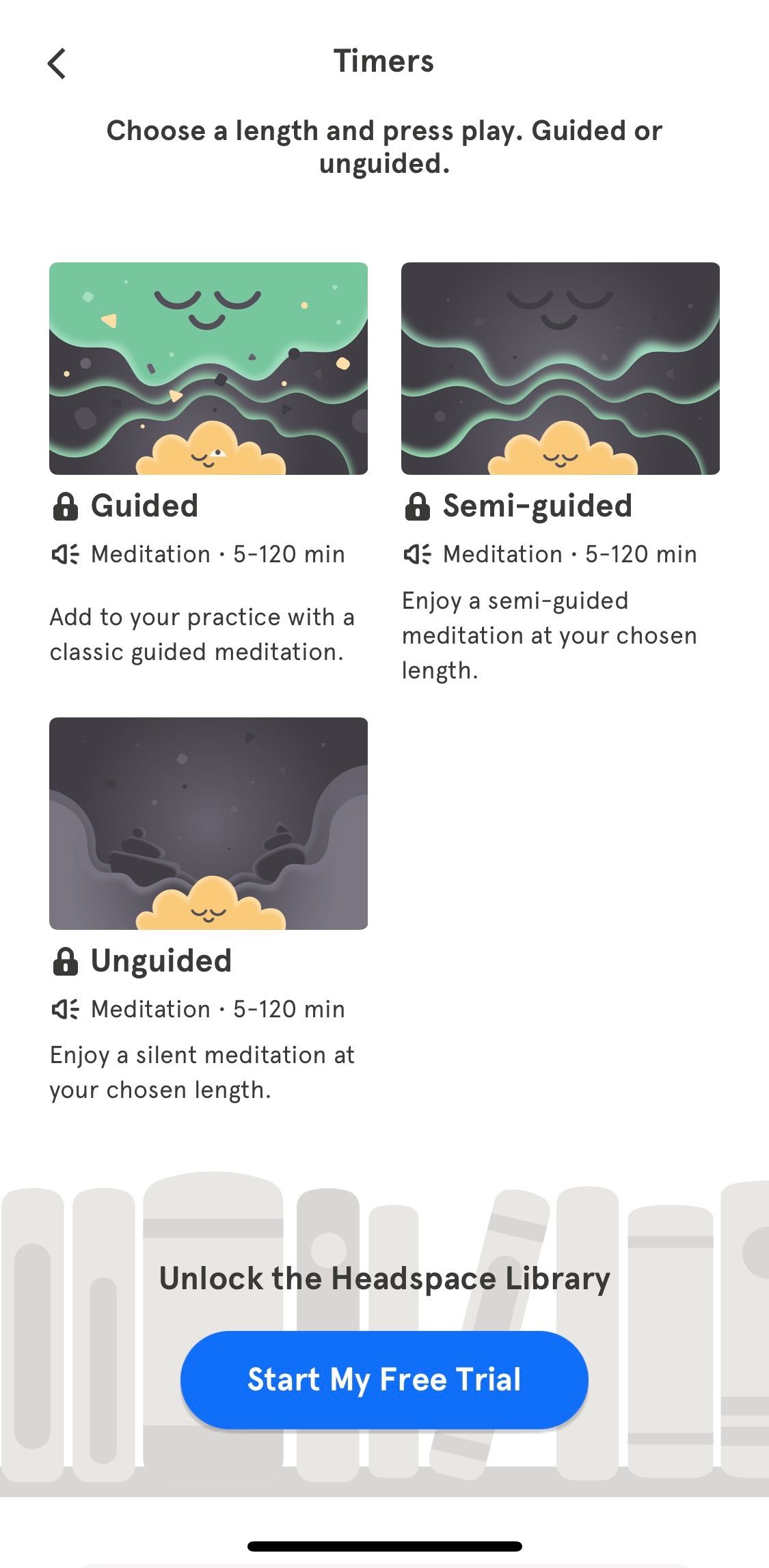 Screenshot showing timed meditations from Headspace app