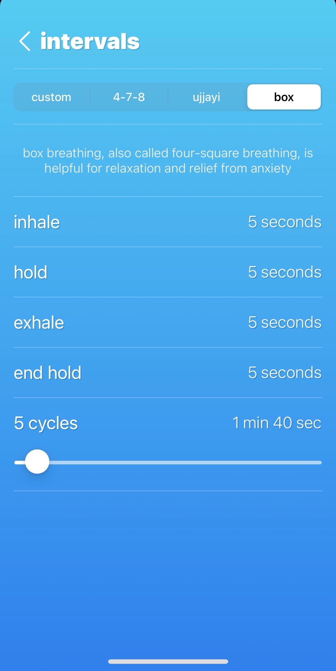 Screenshot showing types of exercise from iBreathe app