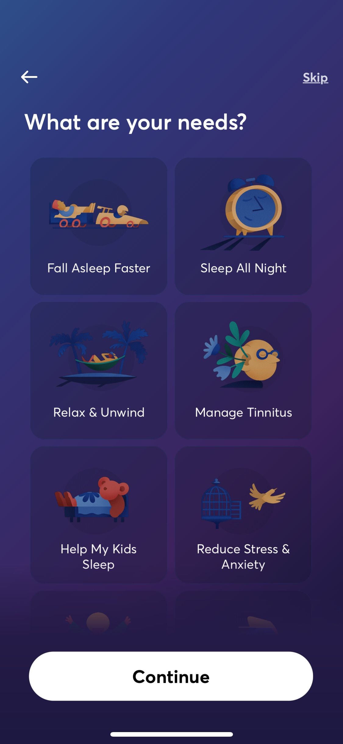 Screenshot showing selection of sleep needs from Bettersleep app