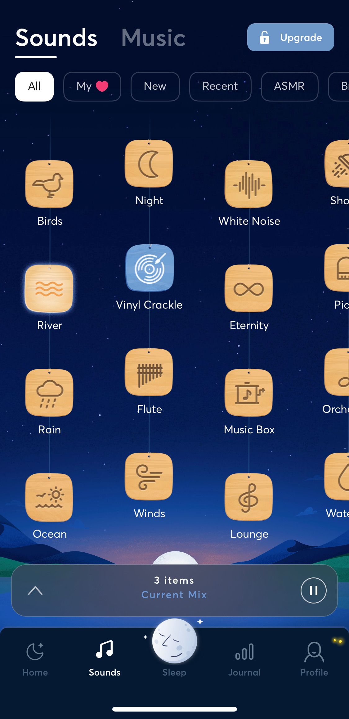Screenshot showing selection of sleep sounds from Bettersleep app