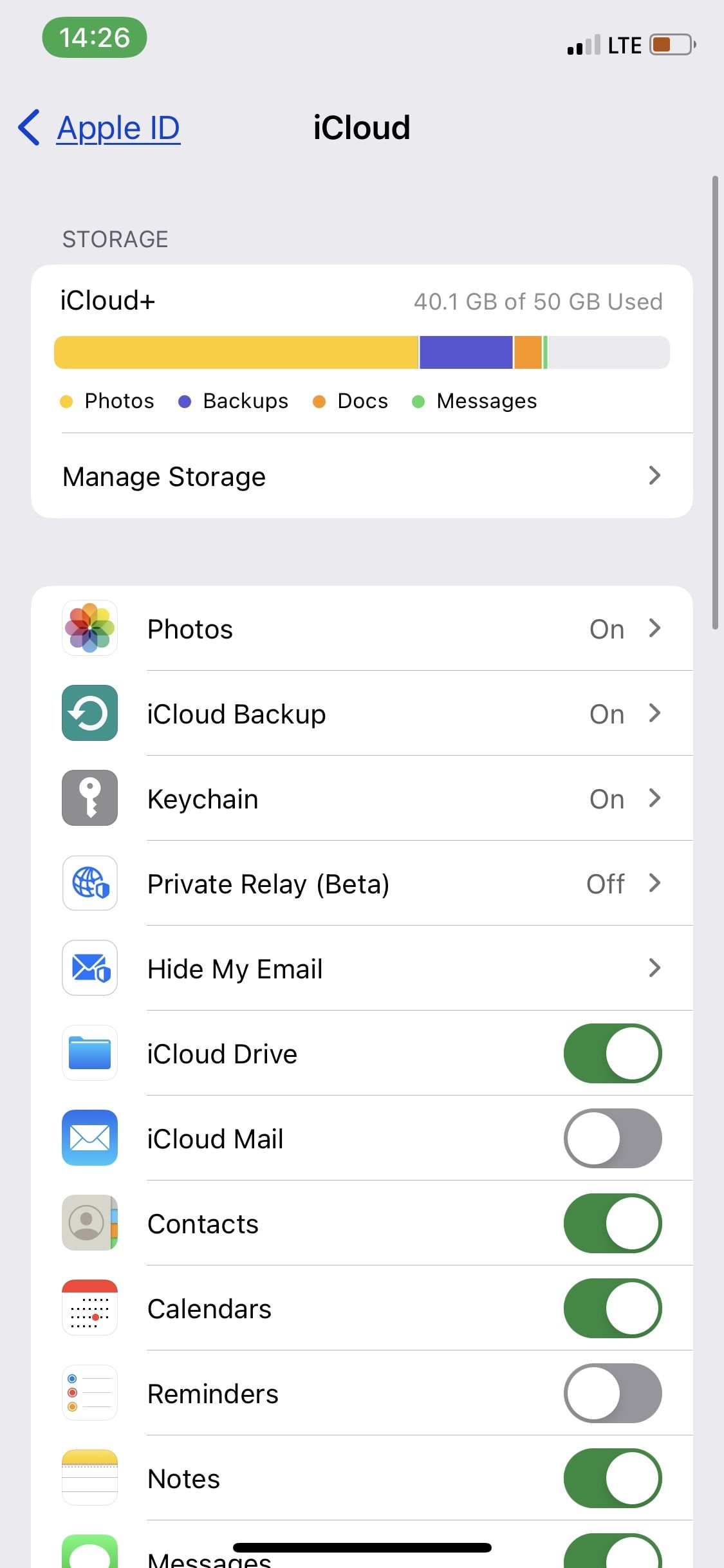 iCloud settings page