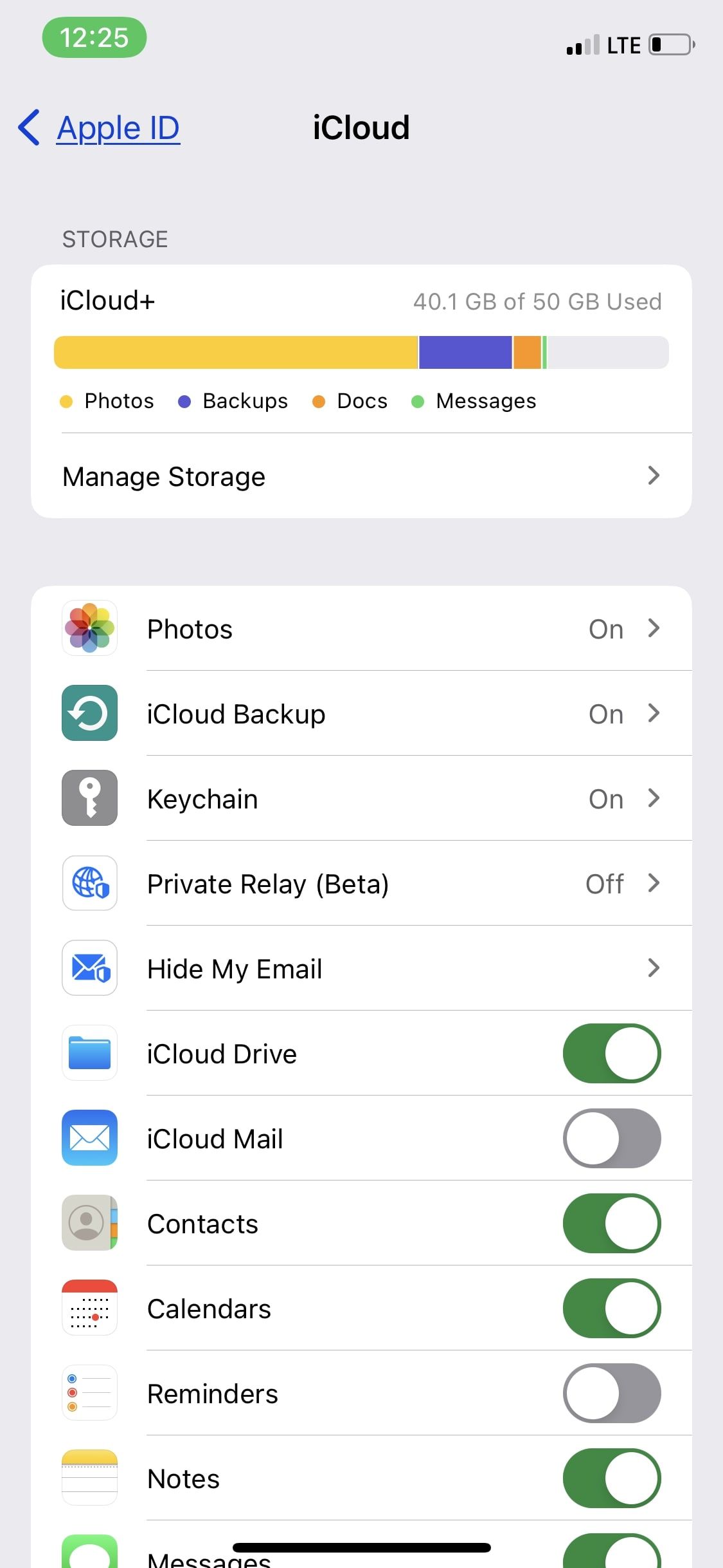 iPhone Settings page showing iCloud Storage