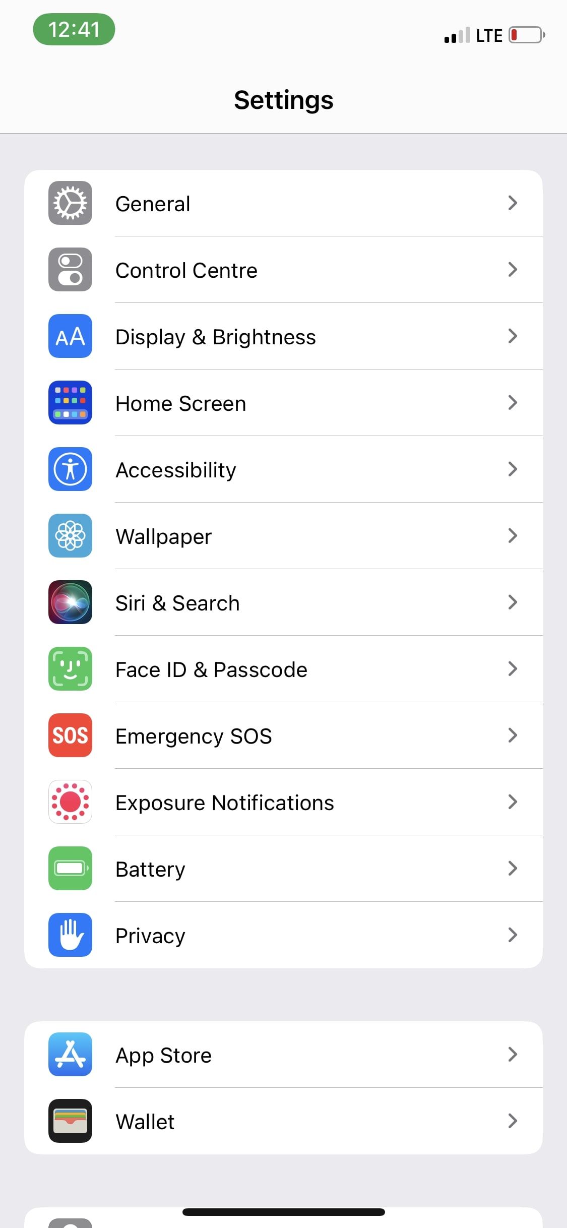 iPhone Settings page